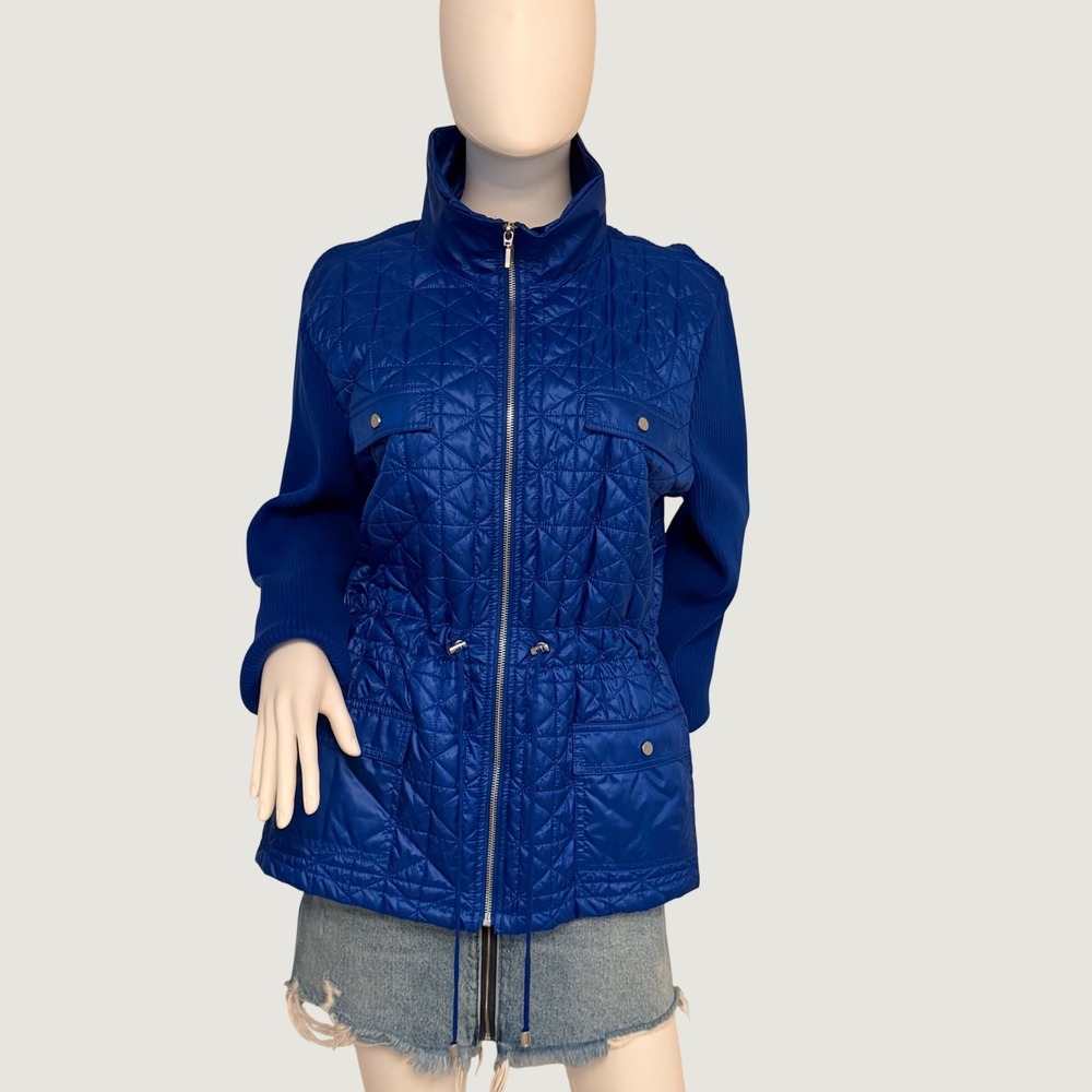 Chico's Womens Royal Blue Quilted Mixed Media Knit Sleeve Zip Up Jacket XL (3)